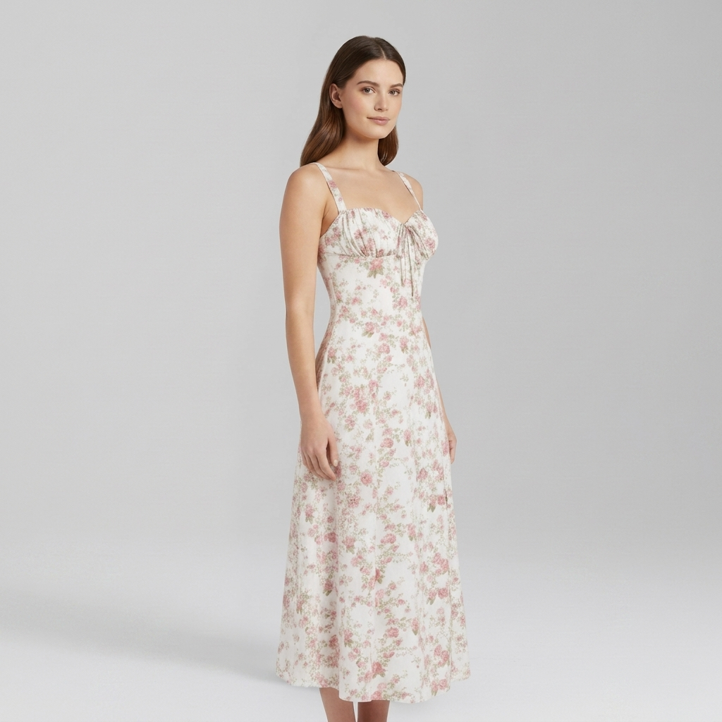 Chic Midi Dress with Patterned Skirt and Adjustable Shoulder Straps