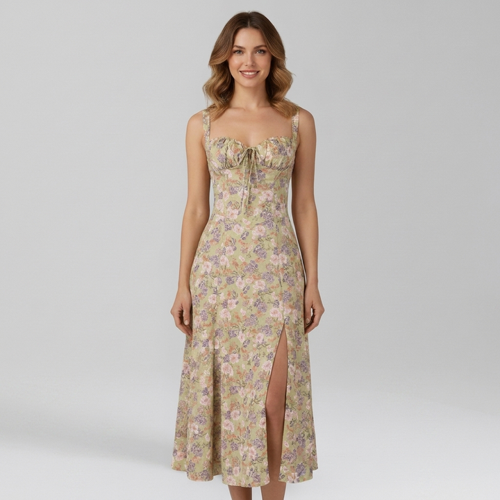 Chic Midi Dress with Patterned Skirt and Adjustable Shoulder Straps