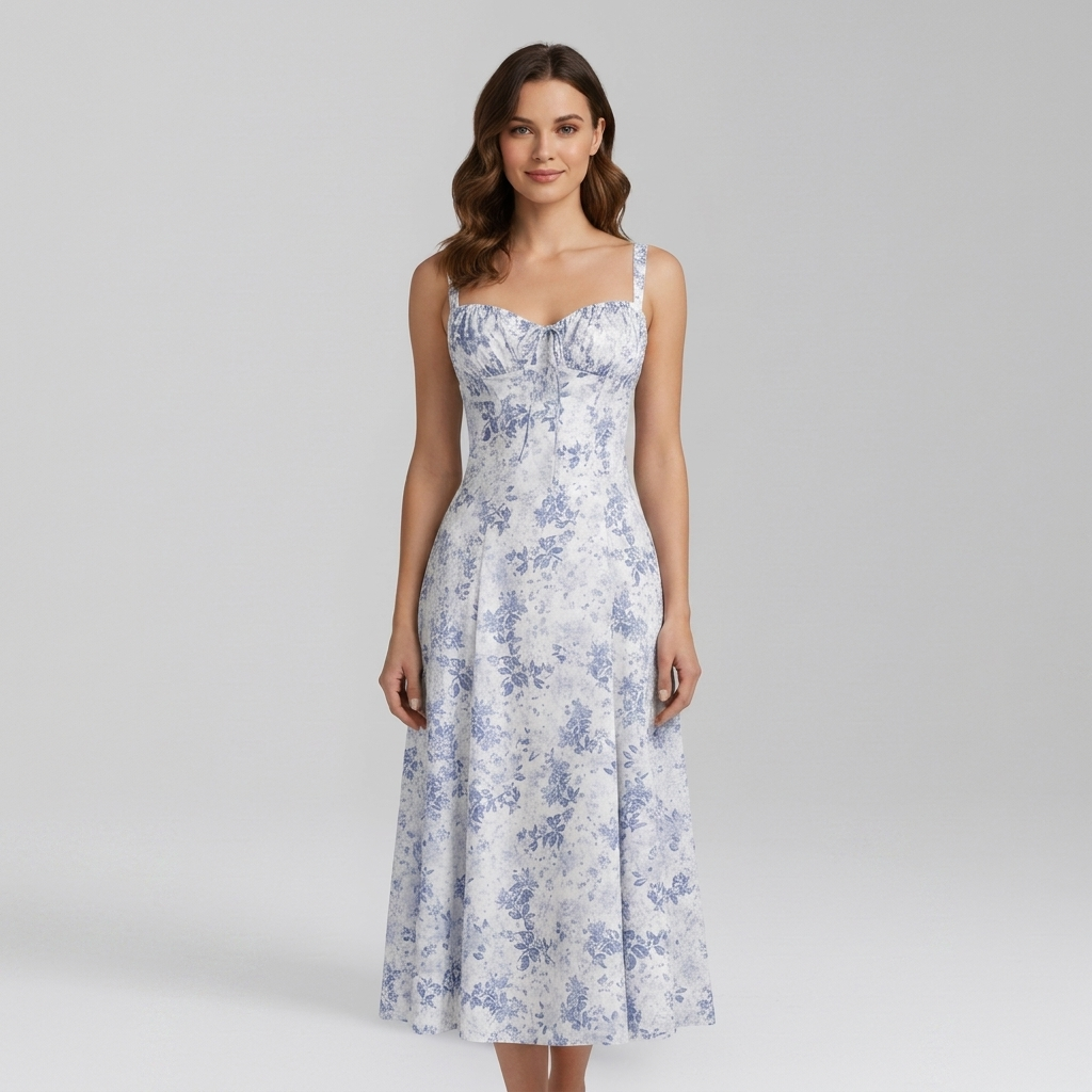 Chic Midi Dress with Patterned Skirt and Adjustable Shoulder Straps