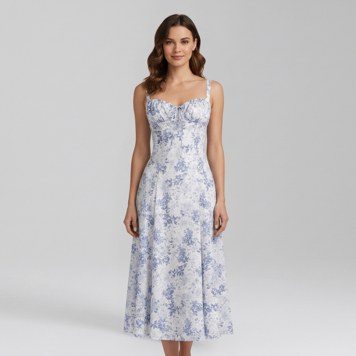 Chic Midi Dress with Patterned Skirt and Adjustable Shoulder Straps