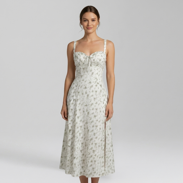 Chic Midi Dress with Patterned Skirt and Adjustable Shoulder Straps