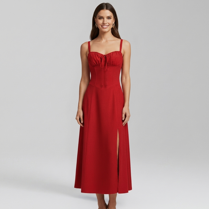 Chic Midi Dress with Patterned Skirt and Adjustable Shoulder Straps