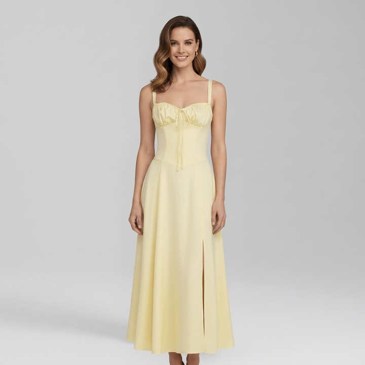 Chic Midi Dress with Patterned Skirt and Adjustable Shoulder Straps