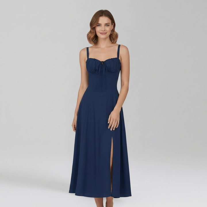 Chic Midi Dress with Patterned Skirt and Adjustable Shoulder Straps
