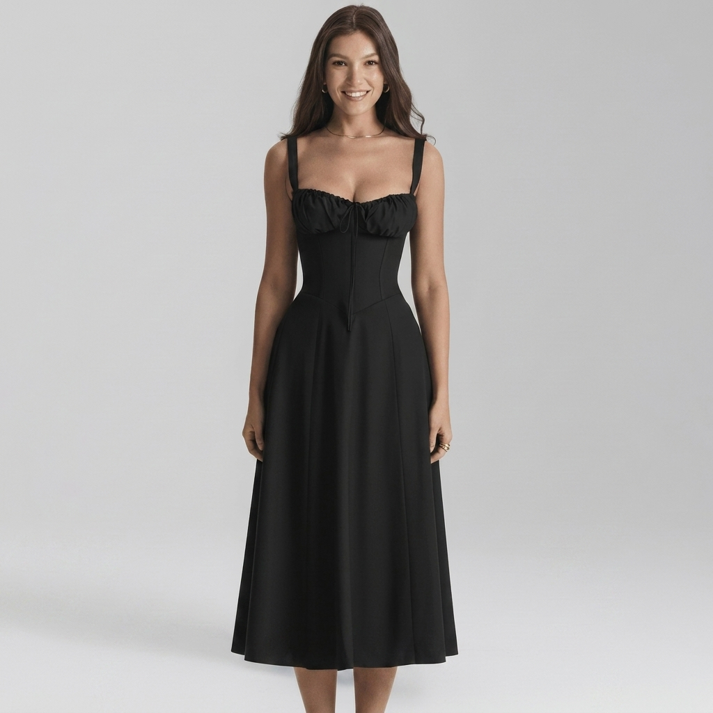 Chic Midi Dress with Patterned Skirt and Adjustable Shoulder Straps