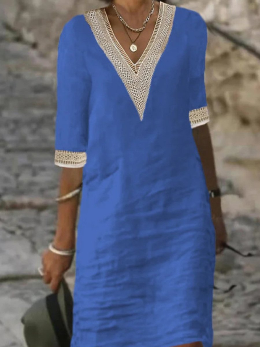 Women's Casual Dress Linen Blend V-Neck Lace Trim