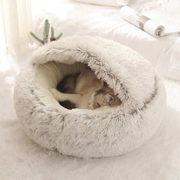 2‑in‑1 Hooded Plush Cat Cave Bed – Convertible Cozy Retreat for Pets
